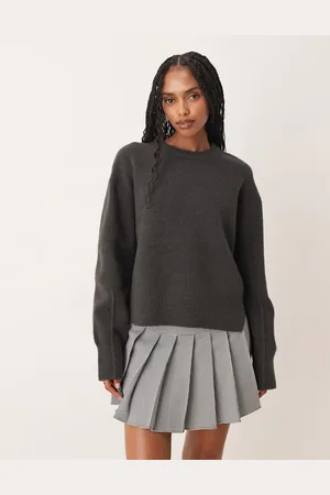 ASOS Boxy crew neck sweater with side split detail in charcoal