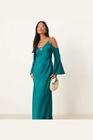 ASOS ASOS DESIGN Petite satin long sleeve fallen shoulders cami maxi dress in teal