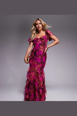 ASOS ASOS DESIGN Petite flutter sleeve maxi dress with ruffle godets in bright pink floral print