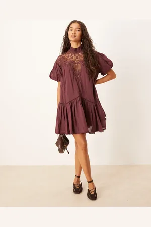 ASOS Lace detail puff sleeve mini dress in plum