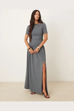 ASOS Premium cut out ruched drop hem maxi dress in slate gray