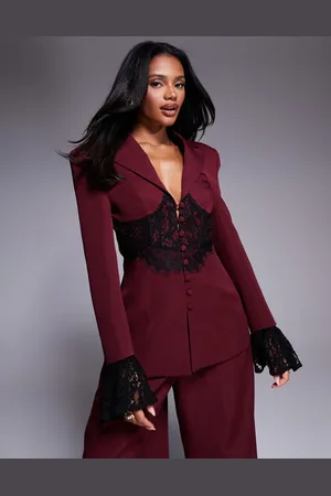 ASOS Tailored blazer with lace corset detail in burgundy - part of a set