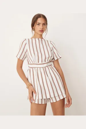 ASOS Tie back double layer romper in natural stripes