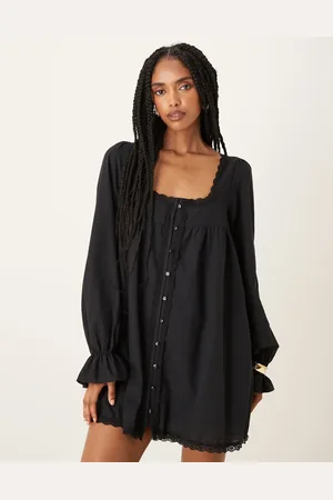 ASOS Cotton lace trim long sleeve babydoll mini dress in