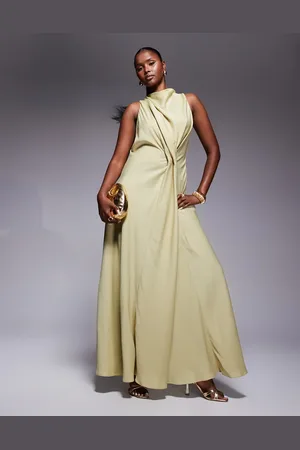ASOS High neck drape maxi satin dress with tucked detail in pale olive