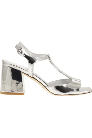 Stuart Weitzman Flareblock Mirrored Leather T Sandal
