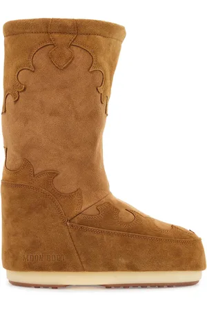 Moon Boot High Suede Boots In Cognac With Wedge Embroidery