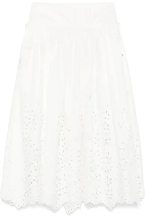 Self-Portrait White Cotton Embroidered Midi Skirt