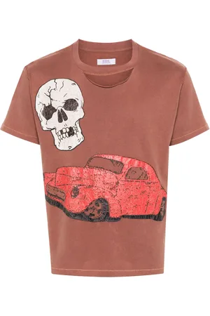 ERL Unisex Ripped Collar Skull Red Car Tshirt Knit