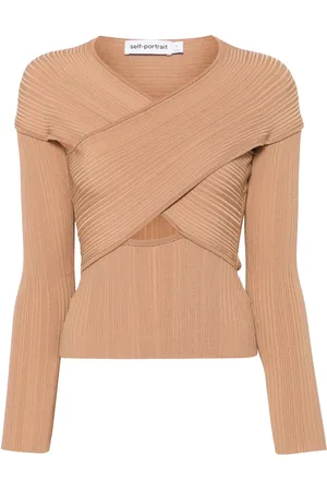 Self-Portrait Beige Ribbed Knit Wrap Top