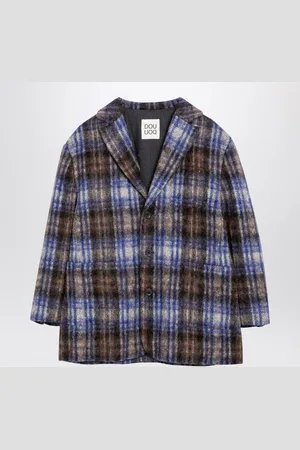 DOUUOD Grey/Blue Wool Blend Checked Coat