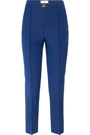 Elisabetta Franchi Pantaloni In Crêpe Blu Con Placca Logo