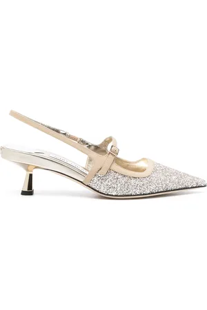 Jimmy Choo Sand Beige Glitter Mid Heel Sandals