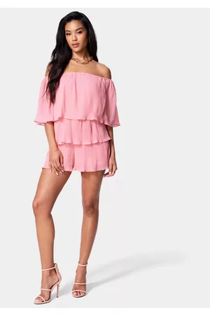 Bebe Tiered Ruffle Off Shoulder Romper
