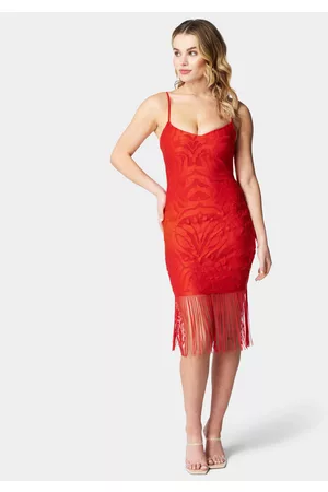 Bebe Women Fringe Dresses - Fringe Hem Lace Dress