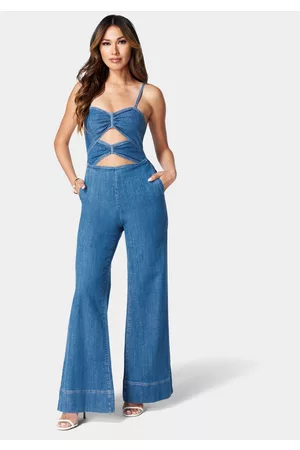 Bebe Women Ruched Dresses - Double Ruched Front Band Palazzo Denim Jumpsuit