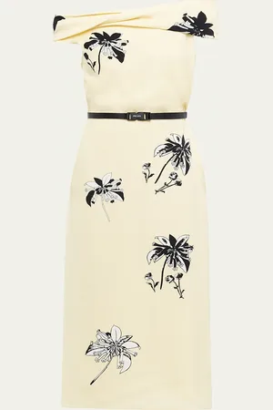 Prada Off-The-Shoulder Floral-Print Belted Midi Dress