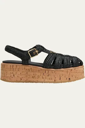 Prada Raffia Cork Platform Fisherman Sandals