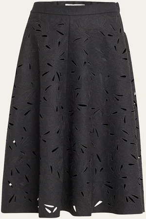 Brunello Cucinelli Flannel Wool A-Line Midi Skirt with Laser-Cut Floral Embroidery