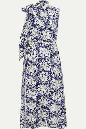 Prada Floral-Print Midi Dress with Scarf Neck