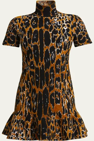 Alaïa Mock-Neck Leopard Short-Sleeve Skater Mini Dress