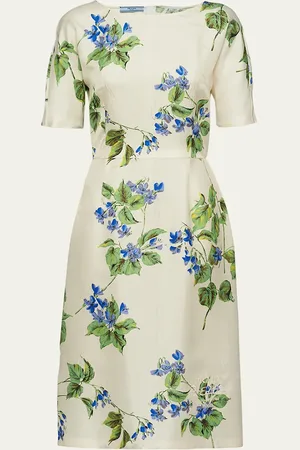 Prada Viola Floral-Print Silk Short-Sleeve Midi Dress
