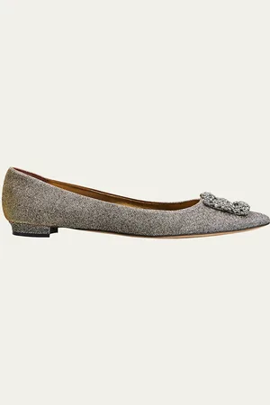 Manolo Blahnik Hangisi Metallic Fabric Buckle Flat