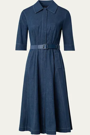 AKRIS Belted Cotton Midi Dress with Contrast Stitching