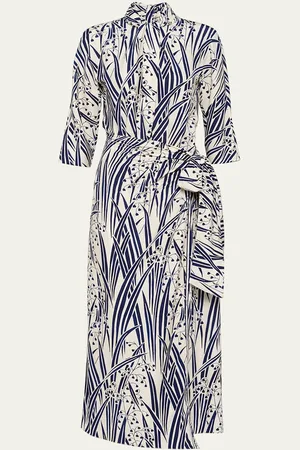 Prada Floral-Print Scarf-Neck Midi Dress