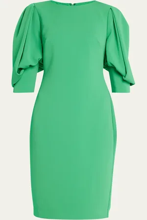 Badgley Mischka Pleated-Sleeve Bodycon Crepe Midi Dress