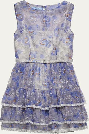 Prada Floral Tiered Lace-Trim Leather Belted Chiffon Mini Dress