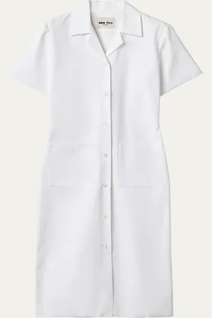 Miu Miu Short-Sleeve Poplin Button Down Midi Dress