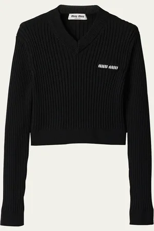 Miu Miu V-Neck Ribbed Wool Cropped Sweater