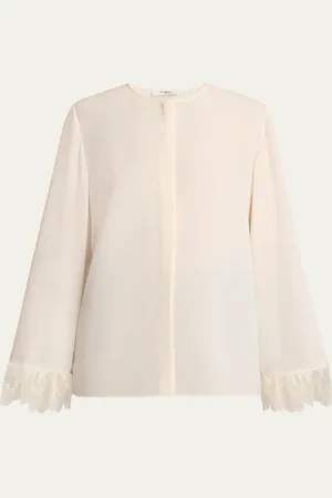 Chloé Button Down Crepe De Chine Top with Lace Sleeves