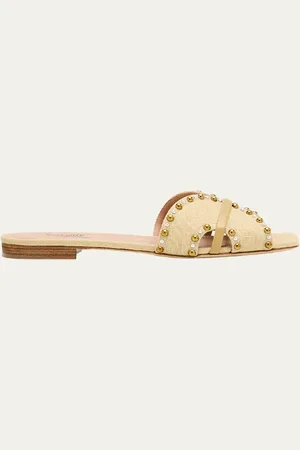 MALONE SOULIERS X Tabitha Simmons Keke Studded Linen Flat Slide Sandals