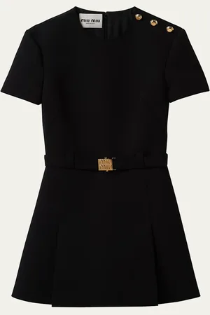 Miu Miu Button-Shoulder Short-Sleeve Belted Grain De Poudre Mini Dress