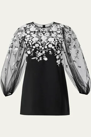Carolina Herrera Floral Embroidered Puff-Sleeve Mini Illusion Dress