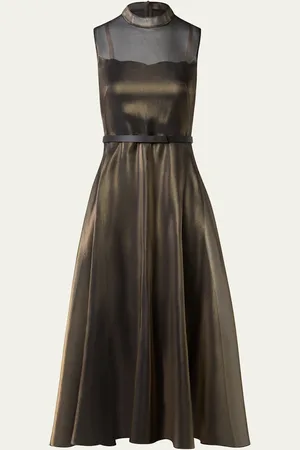 AKRIS Metallic Organza Sleeveless Midi Dress