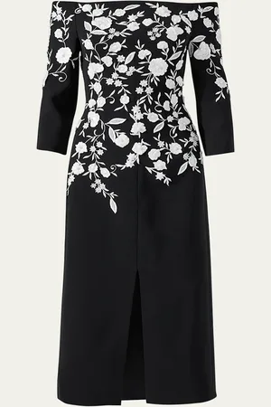 Carolina Herrera Floral Embroidered Off-Shoulder Midi Dress