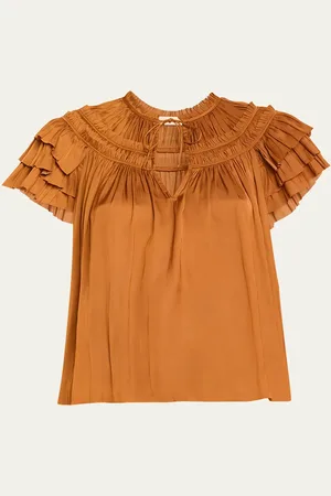 ULLA JOHNSON Elvie Ruched Ruffle Top