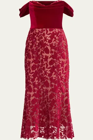 Marchesa Notte Off-Shoulder Floral Velvet Midi Dress
