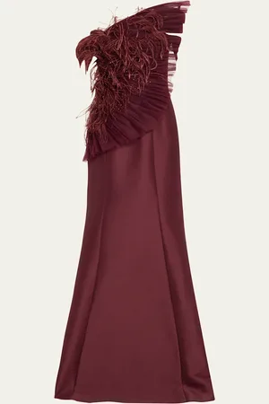 Badgley Mischka Strapless Feather-Embellished Fan Ruffle Gown