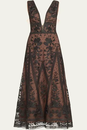 Marchesa Notte Deep V-Neck Embroidered Tulle Midi Dress