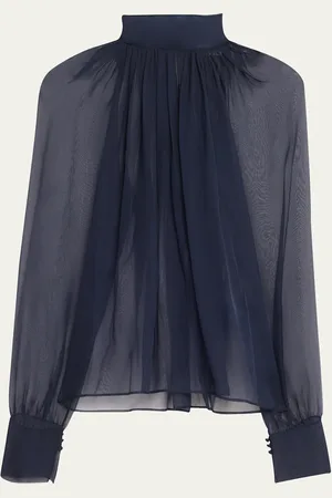 Saint Laurent Sheer Ruched Hig-Neck Blouse