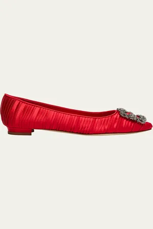 Manolo Blahnik Hangisi Pleated Satin Buckle Ballerina Flats