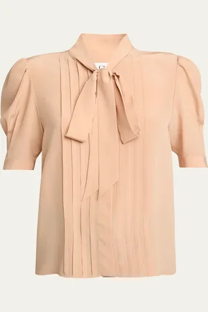 Chloé Neck-Tie Pleated Puff-Sleeve Silk Top