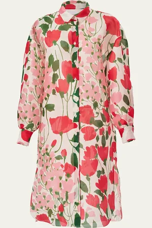 Carolina Herrera Rose Print Oversized Self-Belt Midi Shirt Dress