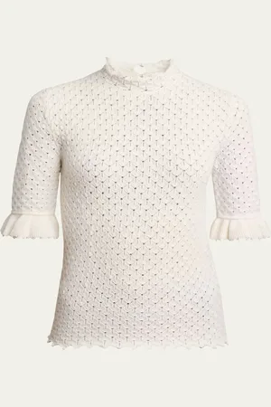Chloé Ruffle-Cuff Pointelle Wool Cashmere Top