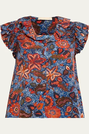 ULLA JOHNSON Ivette Floral-Print Ruffle Silk Top