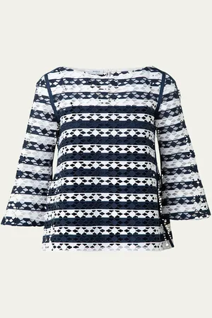 AKRIS Kodak Striped Dot Guipure Trumpet-Sleeve Blouse